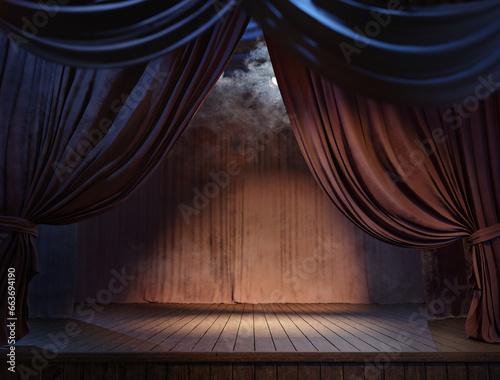 Magic theater stage red curtains Show Spotlight. 3d render.
