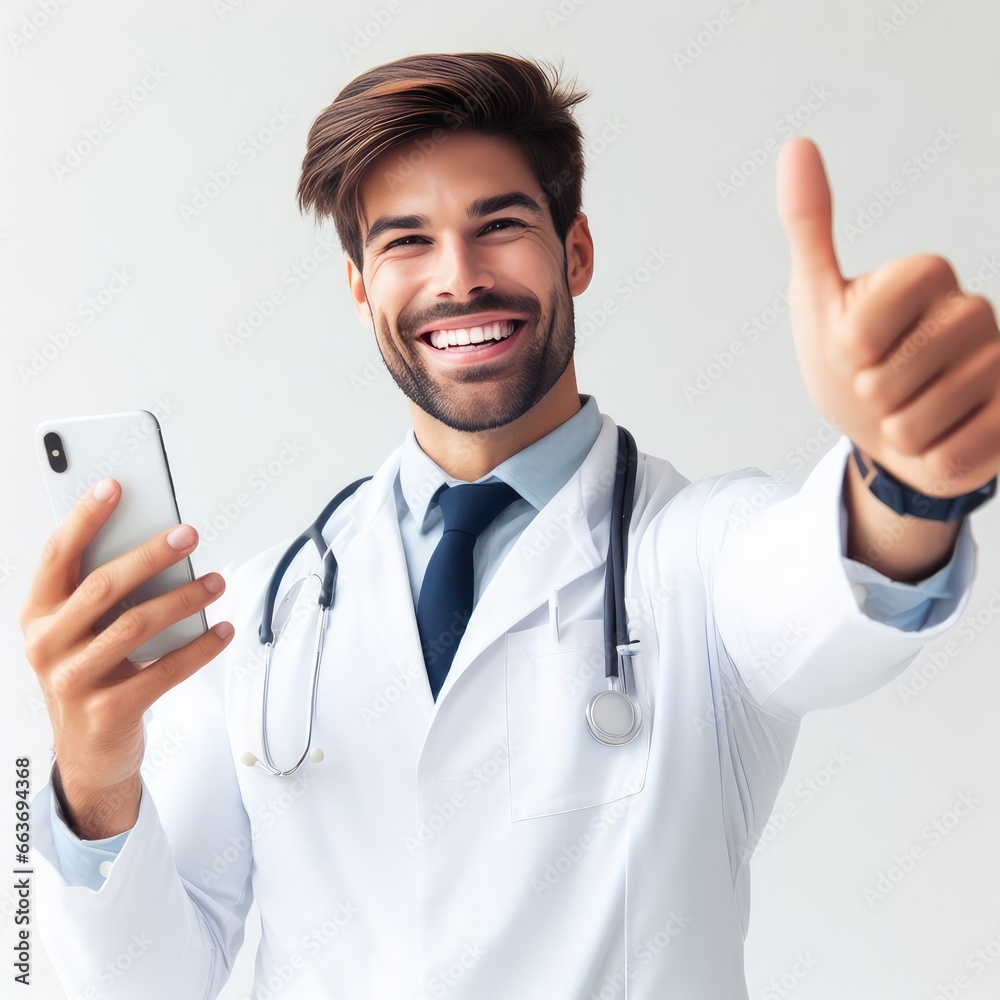 happy young male doctor wearing medical coat and stethoscope around his neck happy young male doctor wearing medical coat and stethoscope around his neck