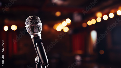 a microphone for singing stands on stage in the bright light of spotlights, performance, stand-up concert, karaoke, music, technology, device, hall, rehearsal, acting, show, broadcast, theater, club