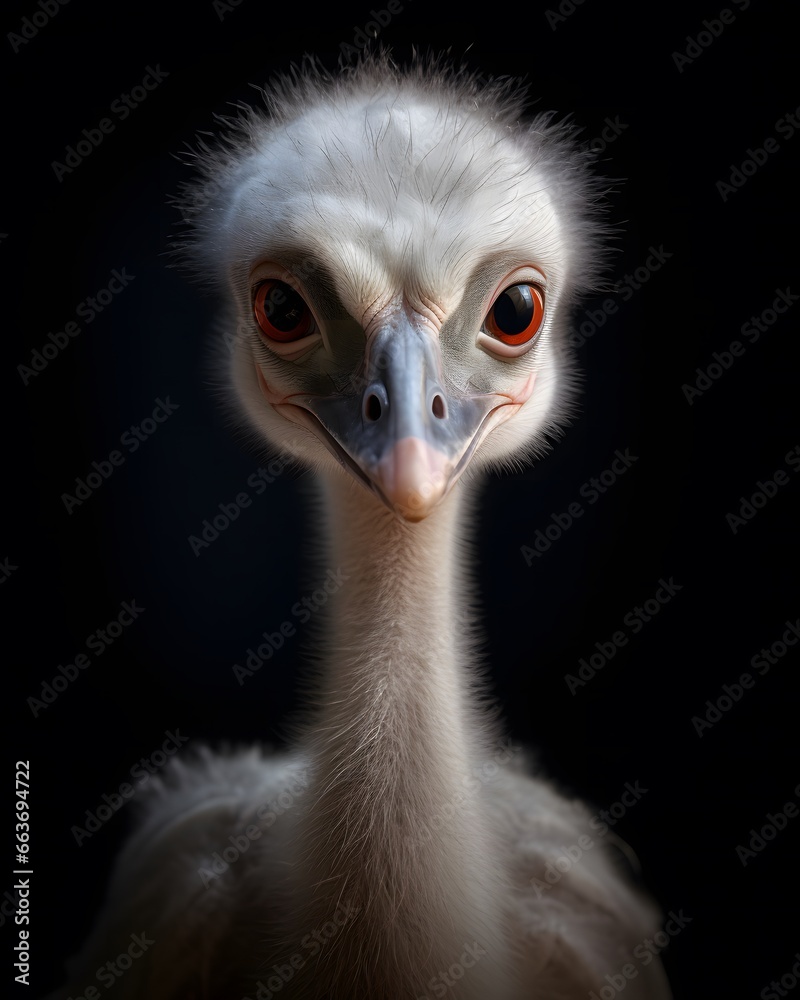 Close up portrait of a cute baby crane chick on a black background