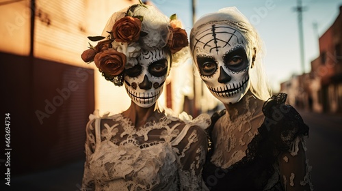 Two women in a festive image. The concept of the Day of the Dead or Halloween, Katrina. Monogamous couples.