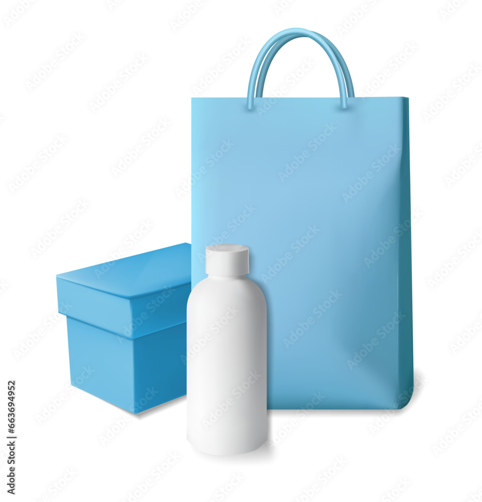 Shopping bag and bottle of cream. Realistic vector illustration.