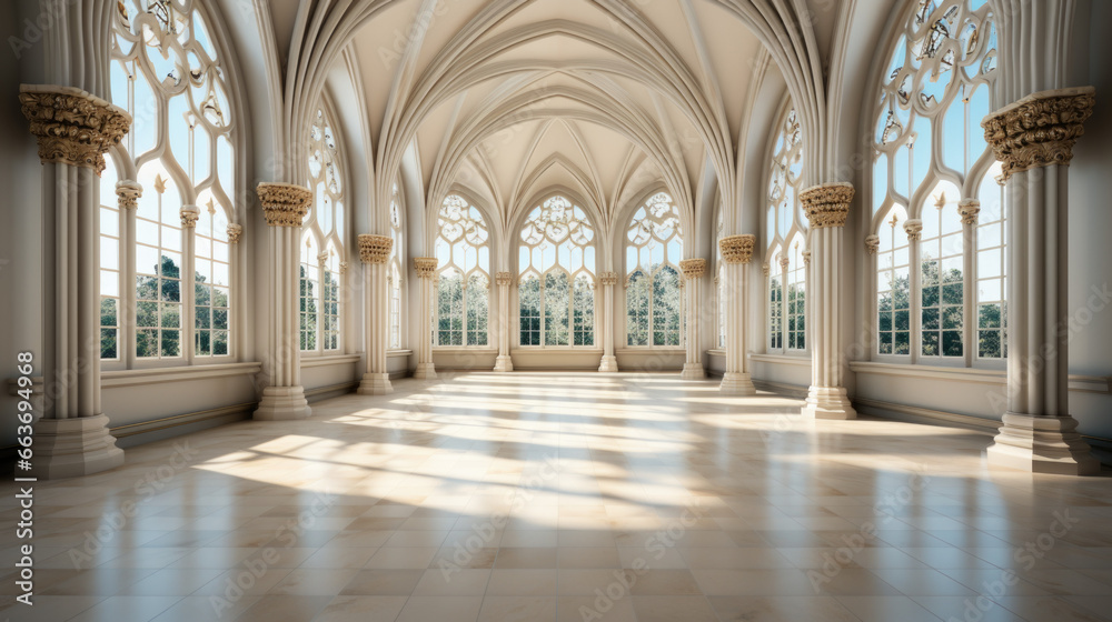 Large bright hall in gothic style. Luxury empty interior