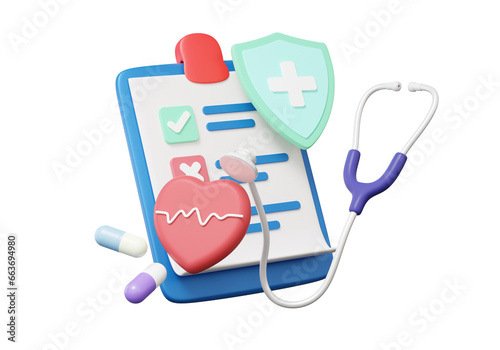Stethoscope healthcare checkmark on isolated background. Clipboard paper health checkup heartbeat medical doctor concept. diagnosis protection insurance report information service. 3d rendering