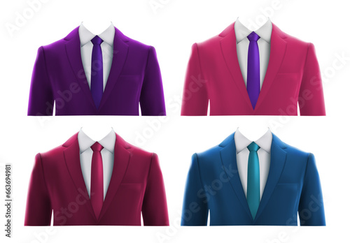 Set of black and purple business suits isolated on transparent background. Vector illustration