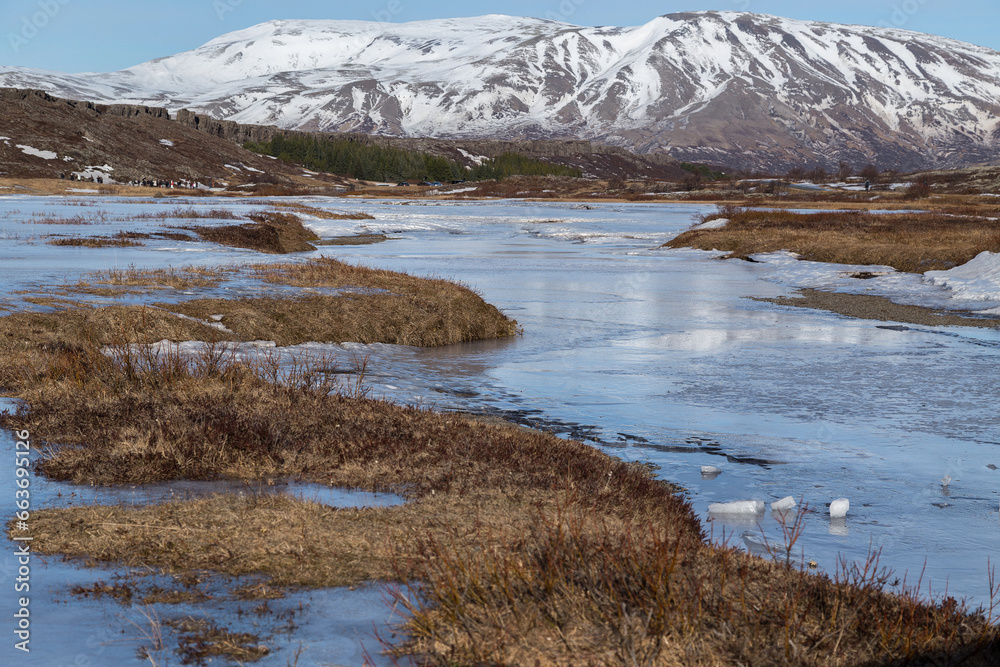 Scenic view of Thingvellir National Park, Iceland, Europe in winter. Seismic rift valley of North American and European tectonic plates. Scenic view of Thingvellir National Park, Iceland, Europe in winter. Seismic rift valley of North American and European tectonic plates.