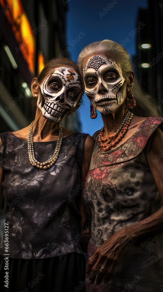 Two women in a festive image. The concept of the Day of the Dead or Halloween, Katrina. Monogamous couples.