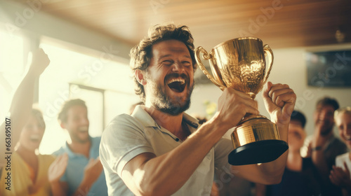 A businessman with a gold trophy, celebrating with his team in the office, captured against a blurred background.