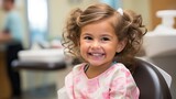 Close up of happy girl showing teeth at dental clinic during dental check up. People, medicine, stomatology and health care concept
