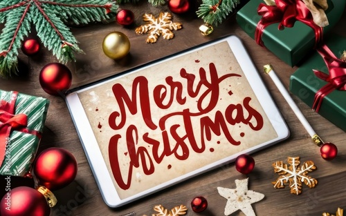 Merry Christmas typography greeting on tablet, Xmas themed decoration, Christmas card banner festive design, Christmas music carol, 2023 holiday greeting celebration illustration © Mohammad