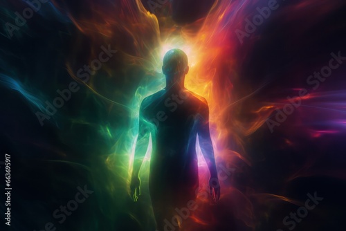 Anonymous person human body with blurred colourful aura around and crowd. Meditation, inner world, esoretic energy