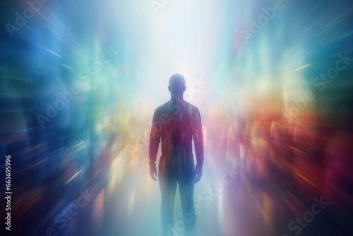 Anonymous person human body with blurred colourful aura around and crowd. Meditation, inner world, esoretic energy
