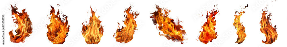 Set of realistic fire flames isolated on transparent background. Generative AI - obrazy, fototapety, plakaty 