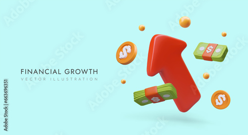 Financial growth concept. 3d arrow, flying banknotes and coins. Business strategy, marketing and finance concept. Vector illustration in realistic style