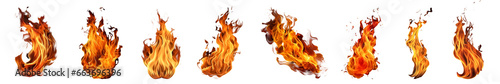 Set of realistic fire flames isolated on transparent background. Generative AI