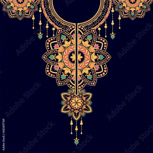 Luxury mandala pattern in gold and blue colors for embroidery and decoration on the neck of the kaftan dress, blouse, and front slit dress. The neck design with the mandala motifs in bright colors.