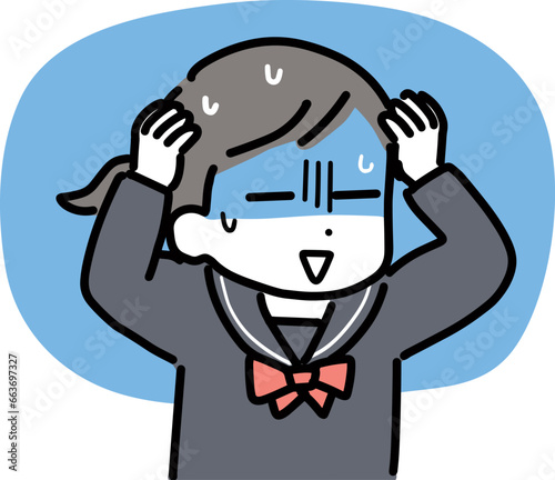 頭を抱えて困っている中学生の女の子(上半身・セーラー服)