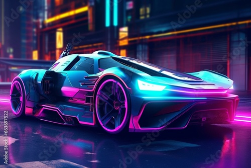 Futuristic vehicle in a neon cyberpunk setting  inspired by the 80s. Generative AI