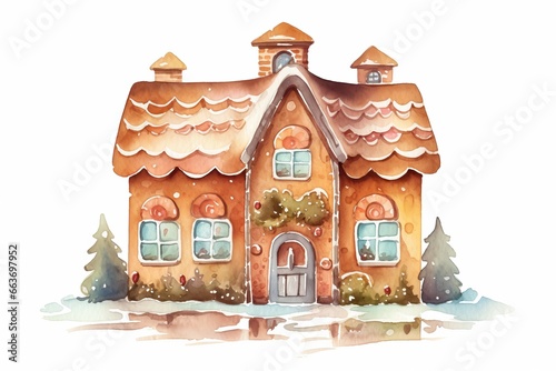 Watercolor Gingerbread House Village Cookie, single, cartoon style, on white. AI generated
