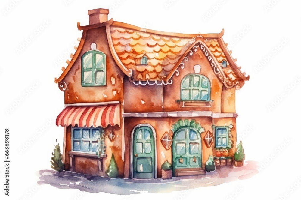 Watercolor Gingerbread House Cookie, single, cartoon style, on white background. AI generated