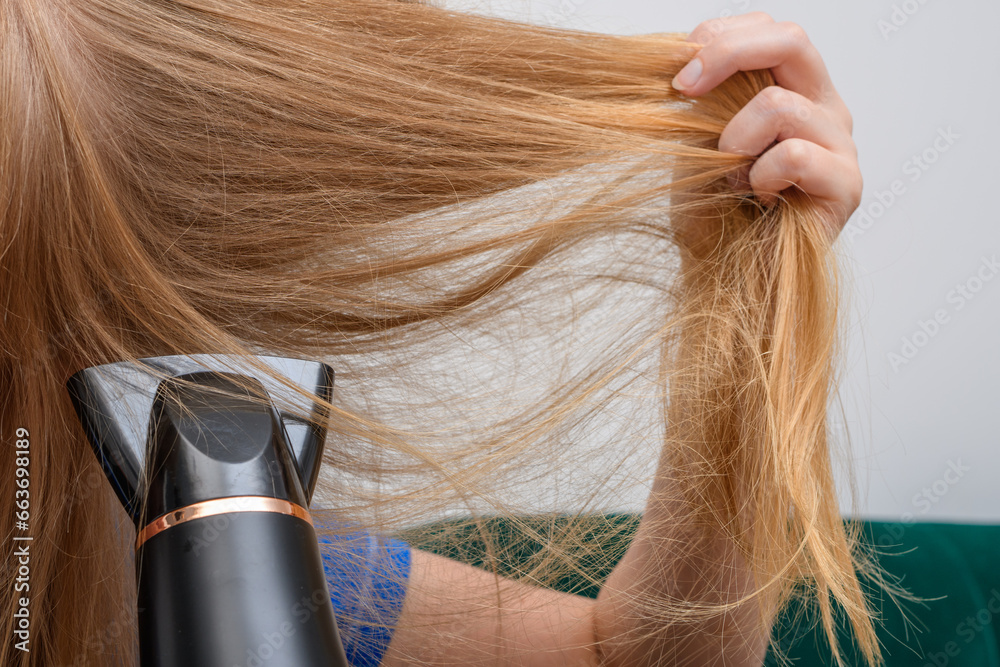 Kobieta suszy długie blond włosy suszarką elektryczną  - obrazy, fototapety, plakaty 
