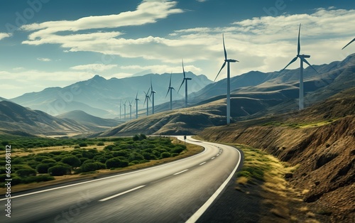 Electric car drive on the wind turbines background. Car drives along a mountain road. Electric car driving along windmills farm. Alternative energy for cars. Car and wind turbines farm.