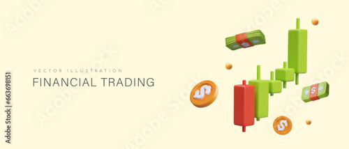 Financial trading. Interval chart in form of Japanese candles. 3D coins, banknotes, technical indicator. Horizontal concept for web design. Advertising for traders