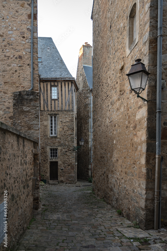 Detail of a pretty alley in the old town of Le Mans, houses with stone facades