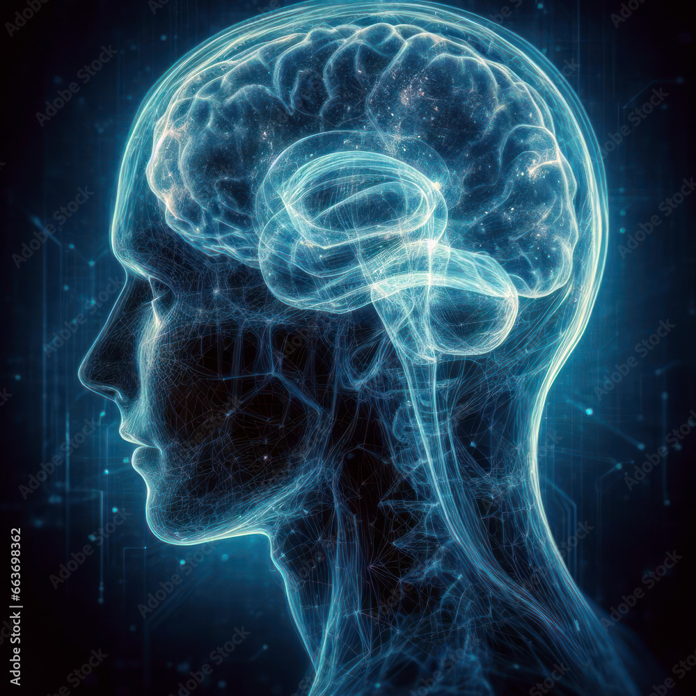 a x-ray scan of a human brain organ. anatomy of a male person. blue holographic abstract concept. desktop wallpaper background a x-ray scan of a human brain organ. anatomy of a male person. blue holographic abstract concept. desktop wallpaper background
