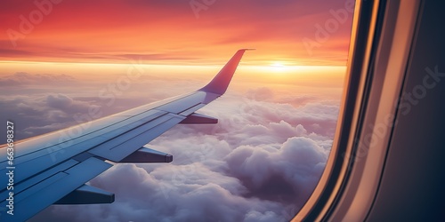 Airplane wing with sunset in a flare of light by looking through the airplane window