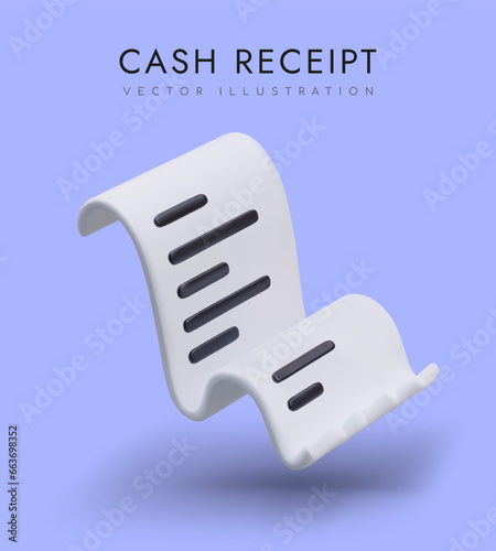 Realistic poster with 3d cash receipt on blue background. Concept of sale. Documentation in store for purchaser. Vector illustration in 3d realistic style