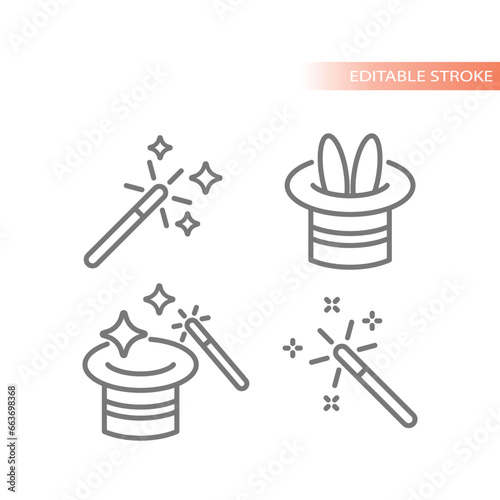 Magic, hat and rabbit vector icon set. Magician wand, magic trick line icons.