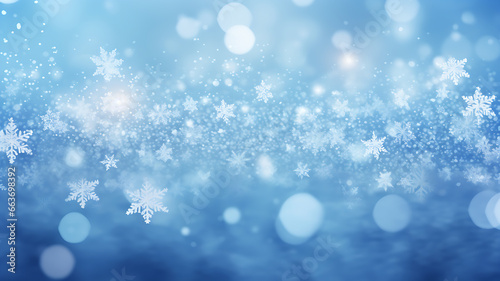 white falling snowflakes on the night sky with a Blue background. Bokeh with white snow and snowflakes on a blue background.