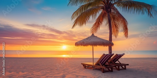 Beach at sunset with beach chairs and umbrellas, wallpapers, posters, for relaxing