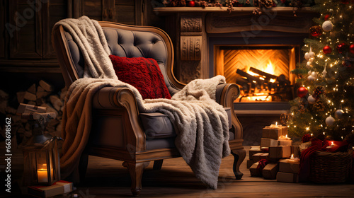 Fireside Bliss, Cozy Chair by a Warm Fireplace during Christmas Holidays