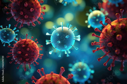 Virus or Bacteria microbial particles background, magnified under microscope that showing disease cell and cell structure, pathogen and pandemic infection medical health concept.