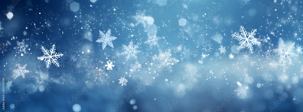 white falling snowflakes on the night sky with a Blue background. Bokeh with white snow and snowflakes on a blue background.