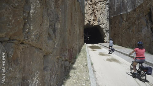 Tunnel in the rocks in the province of Castellon. A favorite place for active walks and bike rides. VIA VERDE BENICASIM OROPESA. Mirador del Bank
