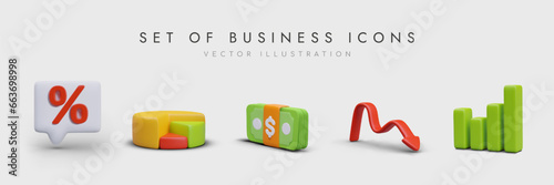 Set of different business icons in realistic style. Collection with diagrams in different styles, arrow, banknotes and icon with percent. Vector illustration in 3d style