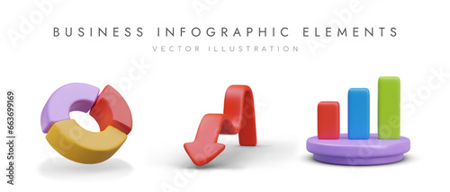Histogram, pie chart and arrow in red, purple and green colors. Concept of business elements with shadow. Vector illustration in 3d style and place for text