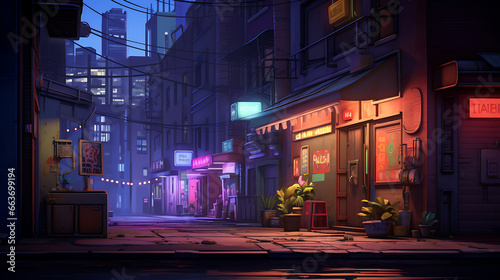 a moment of a lofi-style urban alleyway at night, with vintage neon signs, glowing windows, and a distant saxophone player, creating an atmospheric and cinematic cityscape
