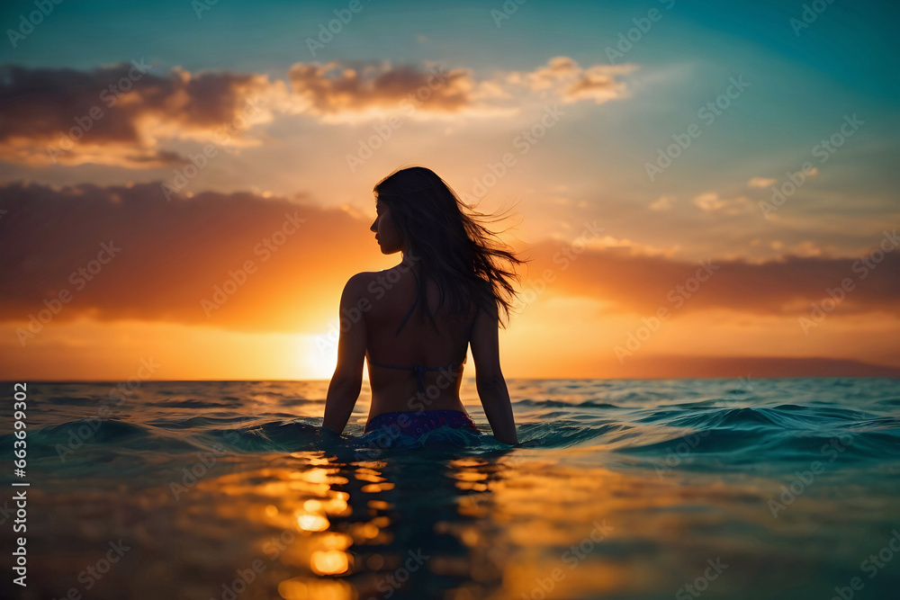 Stunning Silhouette of a Beautiful Woman Walking in the Ocean Surf in the Evening at the Golden Hour. Generative AI