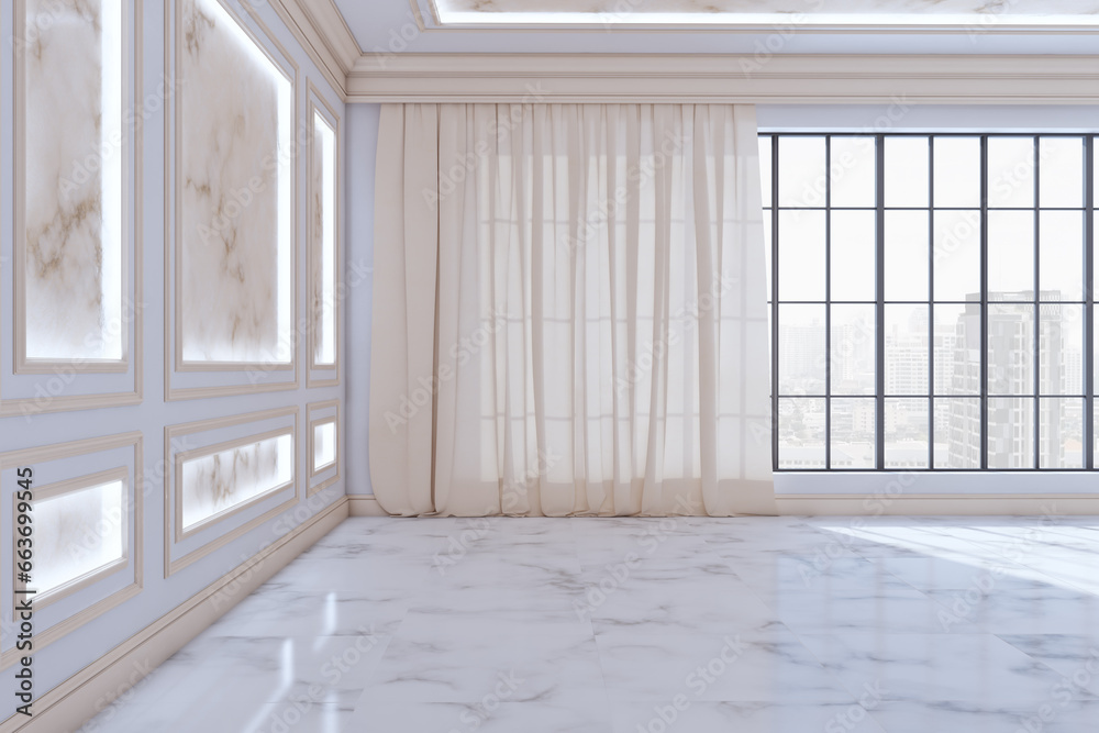 Fototapeta premium Clean luxury interior with window, city view and curtains, classic decorative walls, daylight and marble flooring. 3D Rendering.