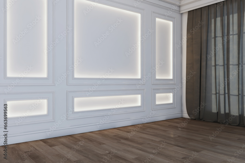 Fototapeta premium Contemporary luxury interior with window and curtains, classic decorative concrete walls, daylight and wooden flooring. 3D Rendering.