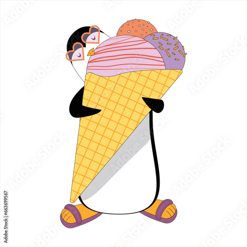 Penguin with a huge ice cream in a waffle cone, child character with a sweet tooth in sunglasses and summer flip-flops, penguin eats ice cream with different sprinkles