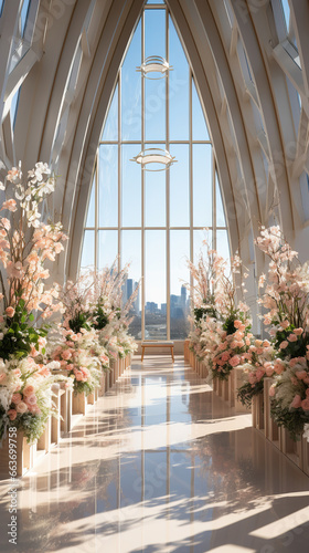 Sacred Serenity: A Majestic Church Aisle Adorned for a Wedding,interior of the church © Moon