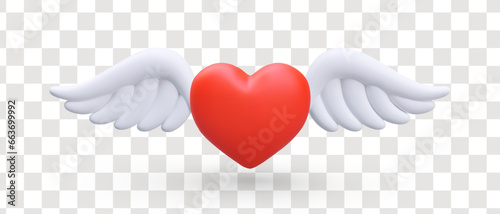 Realistic red heart with angel wings. Concept of sale. Heart for Valentine day of romantic postcard. Vector illustration in 3d style with place for text