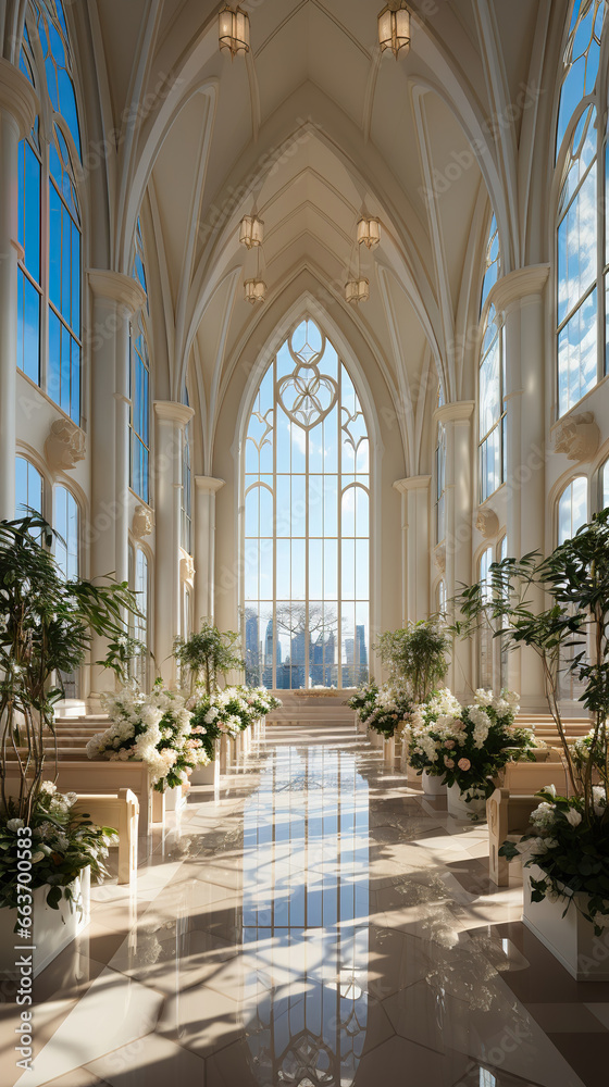 Sacred Serenity: A Majestic Church Aisle Adorned for a Wedding,interior of the church