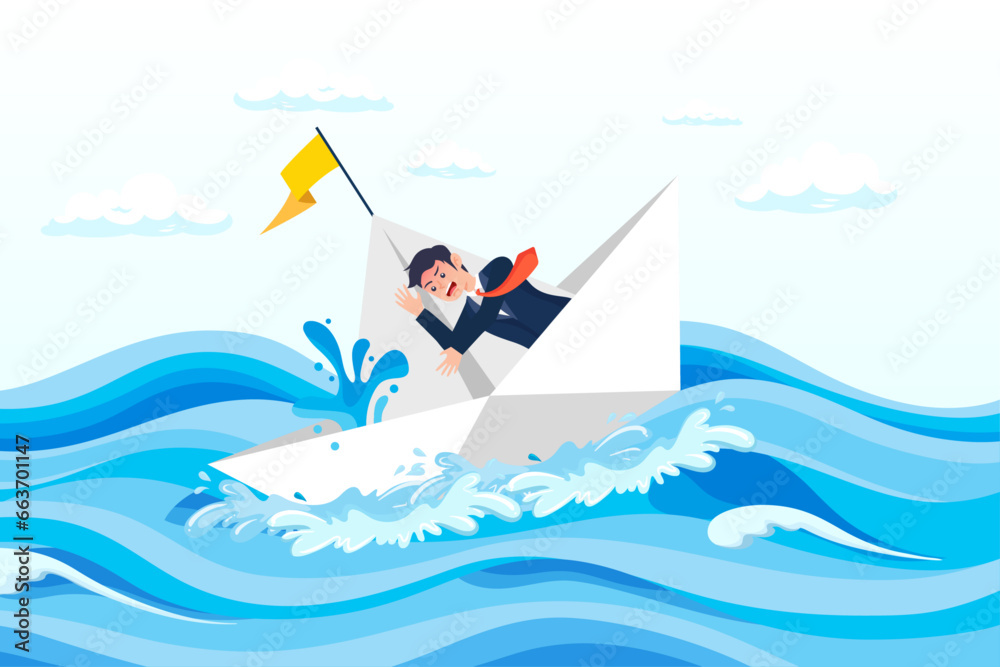 Panic businessman frustrated fix leaking water in sinking boat or ship, panic or fear in business crisis situation, frustrated or helpless bankruptcy, trouble and problem or time running out (Vector) - obrazy, fototapety, plakaty 