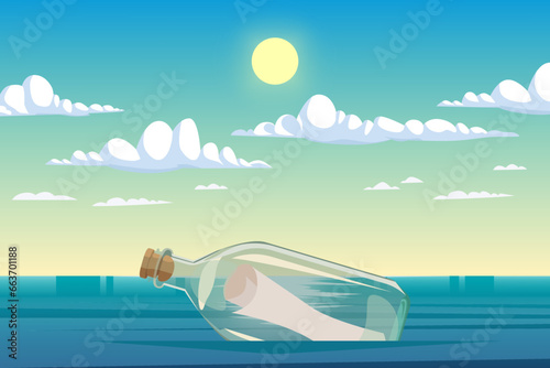 Message in the bottle stranded on the sea, vector illustration